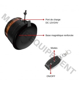 GYROPHARE LED MAGNETIQUE AUTONOME AVEC TELECOMMANDE